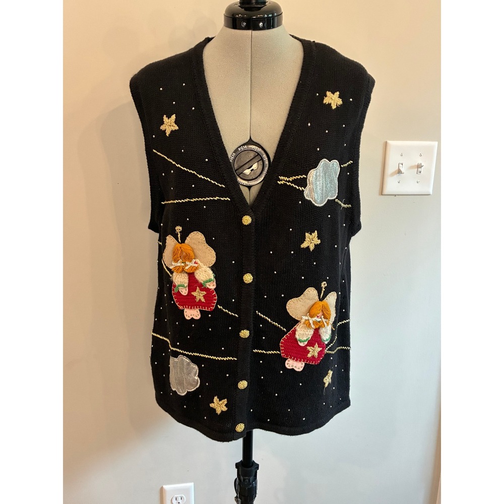 Bobbie Brooks Vintage Angel Holiday Sweater Vest Black Gold Star Large 88294